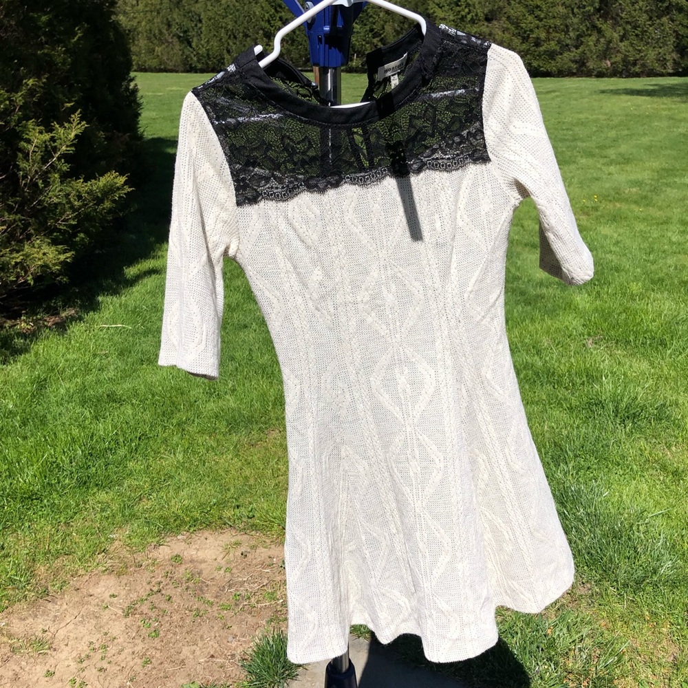 Cream Light Sweater dress with lace around neck